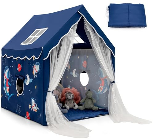 COSTWAY Barntält, lekhus barn inomhus med matta och gardin, lektält barnhus för pojkar och flickor (blå)