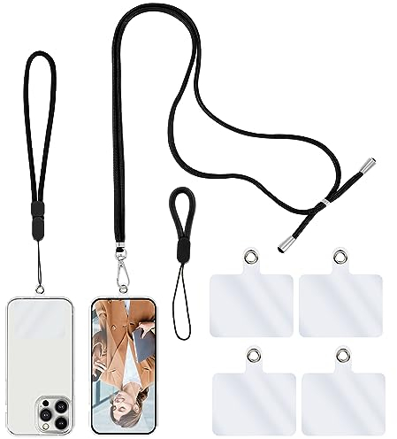 simarro Handykette Universal, 1 Schlüsselband +1 Handgelenkschlaufe + 1 Fingerband + 4 Transparent Abstandshalter, Handy Band Zum Umhängen Verstellbares Umhängeband für alle Smartphone (Schwarz)