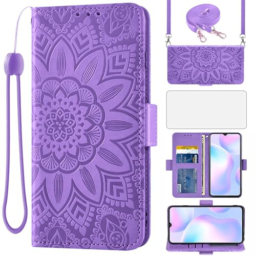 Asuwish Handyhülle für Xiaomi Redmi 9A/9AT Hülle mit Band und Glas Folie Schutzfolie Kartenfach Klappbar Leder Geldbörse Ständer Redmi9A A9 AT9 9i Sport M2006C3LG Handy Hüllen Blumen Phone Case Lila