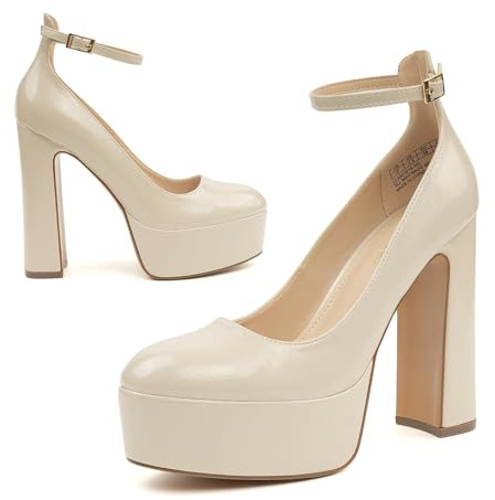 JENN ARDOR Platform Heels for Women Chunky Heel Closed Toe High Heels Block Heel Ankle Strap Nude/Pu
