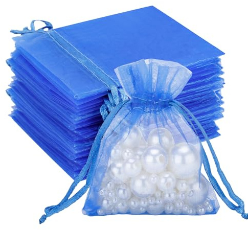 G2PLUS Blue Organza Gift Pouches 7x9 cm: Small Favor Bags, 50 PCS | Wedding Jewelry Bags, Clear Mesh Pouches for Wedding, Christmas, Birthday, Anniversary