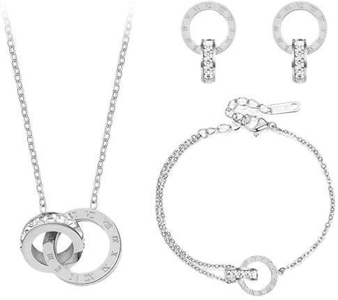 Hanaoops Parure de bijoux pour femme et fille Chiffres romains zircon acier inoxydable plaqué or argent pendentif collier boucles d'oreilles bracelet ensemble de bijoux, Métal