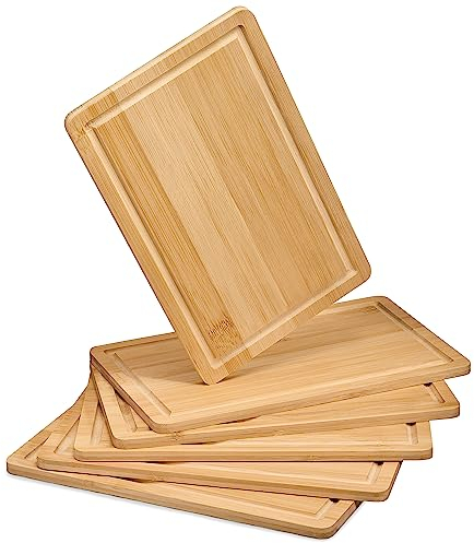 LINFELDT 6er Set Bambus Frühstücksbrettchen Holz 27x16x1cm - Inkl. Saftrille - 6 Holzbretter + eine glatte Seite - Kleine Holzbrettchen - 6 Essbretter aus Bambus