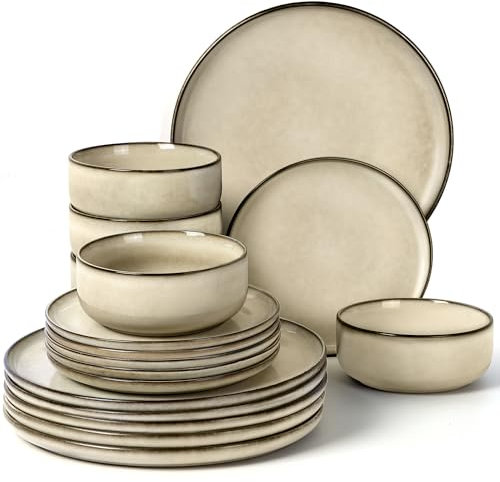 Homikit Geschirr Set 6 Personen, 18-tlg Reaktive Glasur Geschirrset, Steinzeug Tafelservice Essgeschirr mit Schüssel- und Teller Set, Mikrowellen- und Spülmaschinenfest, Kratzfest, Saturn Khaki