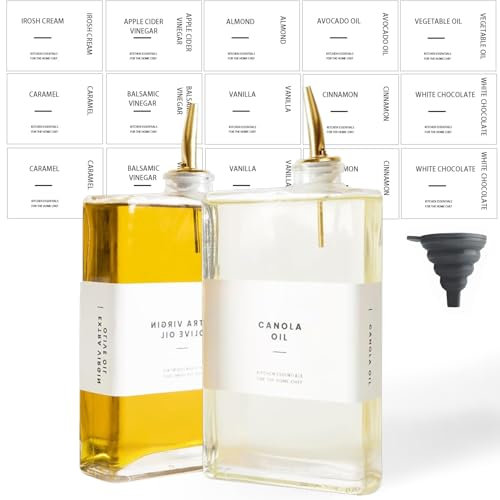 GARNELRHUN Essig und Ölflaschen Set,2er pack Olivenöl Spender Set,350ml/11,8 oz,ölflasche mit ausgießerOlivenöl Flasche, 36 Aufkleber, Trichter Ölflaschen zum befüllen Gold