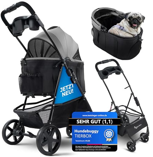 Tierbox Hundebuggy bis 10kg Hundewagen für kleine Hunde klappbar mit QuickFold, Katzenwagen in Grau
