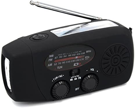 CRGANGZY Portable Emergency Radio, Wind Up Solar Hand Crank Powered Weather Radio with AM/FM Tuner 2000mAh USB Phone Charger SOS Alarm Bright LED Flashlight for Household Outdoor (Black)