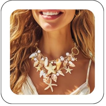 Nicute Boho Starfish Necklace Gold Pearl Necklaces Seashell Beach Jewelry for Women (Gold)