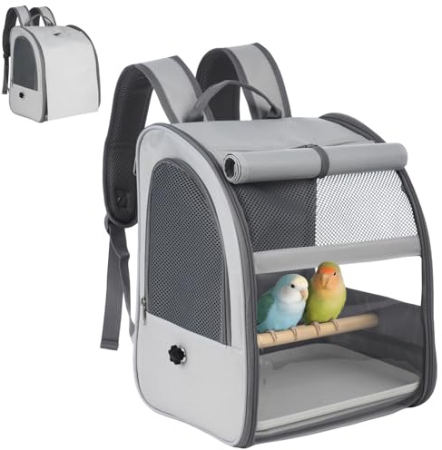 Bird Cage Backpack, Portable Pet Carrier with Standing Perch, Clear PVC, Sturdy 600D Fabric, 12.2 x 9.6 x 15 in, Grey