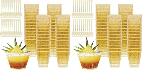KOOSREEL Tazze Bicchieri Da Dessert, 50 Pezzi 60ml/2oz Gold Mini Plastica Coppette Da Dessert con Cucchiai Ciotoline per Riutilizzabili Tazze da dessert per Budini, Mousse,Compleanni,Matrimoni