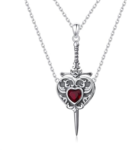 FLYOW S925 Sterling Silver Heart Sword Matching Necklace for Couples Romantic Couples Jewelry Valentines Gift