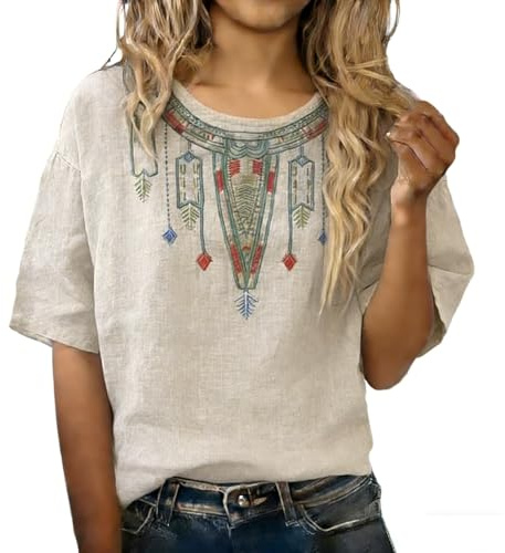 Camisas Mujer Verano Manga Corta Bordado Algodón y Lino Camiseta Basica Talla Grande Blusa Elegante Vintage Moda Cómoda Transpirable Blusas Elegantes Original Fiesta Boho Tops T-Shirt Primavera 2026