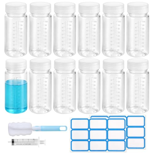 12 stycken 100 ml bred halsflaska med skalning, PP tom laboratorieflaska, läckagesäker transparent plastflaskor med klistermärken, sprutor och flaskborstar för pillerflaskor vattenprovflaskor