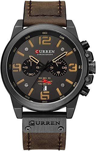 FANMIS Mens Leather Strap Watches Classic Sandwich Dial Casual Dress Stainless Steel Waterproof Chronograph Date Analog Quartz Watch (Black Coffee)