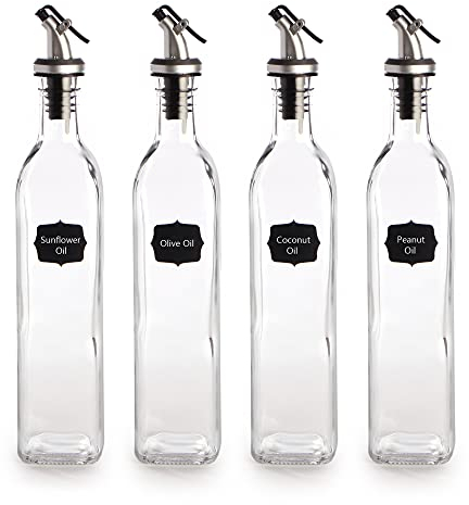 Maison & White 4-Pack 500 ml Glass Oil & Vinegar Dispensers – Elegant Thick Clear Cruet Bottles for Cooking & Serving with Drizzle Spouts | Restaurant Style