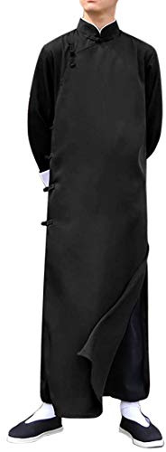 Men's Cotton Linen Kung Fu Suit Chinese Martial Arts Uniform Meditation Suit Roll-Up Sleeve Frog Button Shirt Pants Outfit (Only Robe-Black, XL)
