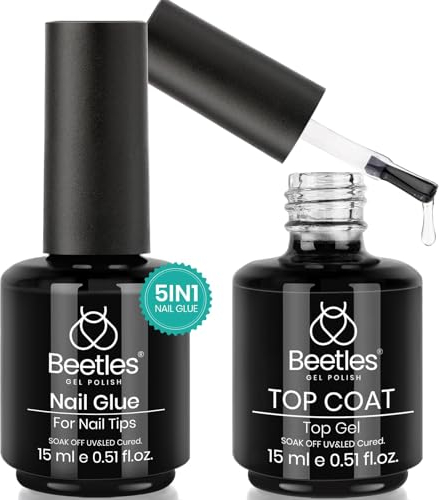 Beetles 2 in 1 Gel Polish and Base Gel Kit for Acrylic Nails, 2PCS 15ML Super Strong Brush On Glue and Top Coat for False Nails, UV/LED Lamp Required