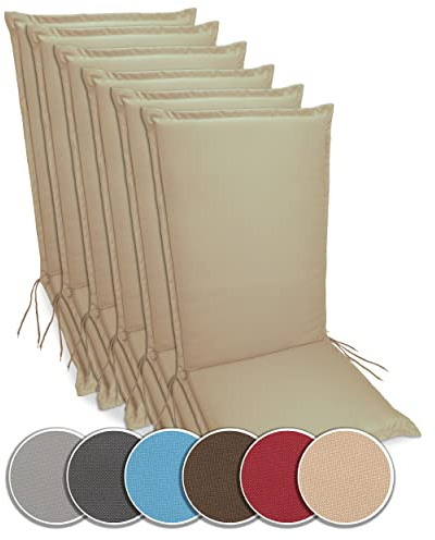sunnypillow 6er Set Hochlehner Auflagen Wasserdicht 120 x 50 - Polsterauflage extra Dicke 9cm - Sitzauflagen für Gartenmöbel, Sitzpolster für Gartenstuhl - Sitzkissen Outdoor - Stuhlauflage Beige