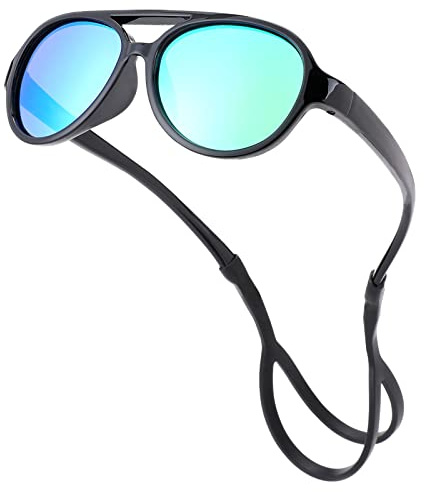 COASION Baby Polarized Sunglasses Flexible Rubber Shades with Adjustable Strap for Infant Toddler Boys Girls Ages 0-24 Months (Black/Green Mirror)