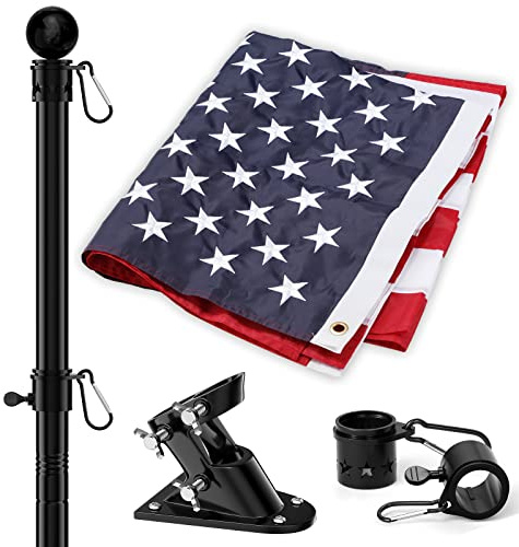 American Flag and Flag Pole for House Outside, 5ft Heavy Duty Flag Poles Kit with 3x5 Embroidered USA Flag, Tangle Free Steel Black Flag Pole with Bracket for Residential, Commercial, Outdoors Garden