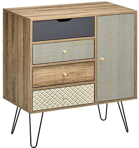 HOMCOM Cómoda con 4 Cajones Cajonera de Madera con Puerta Estante Ajustable y Patas de Metal para Salón Dormitorio Cocina 79x39x86 cm Marrón