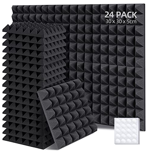 Ohuhu Acoustic Foam Panels 24 Pack with Double Sided Tape, 2x12x12 Sound Proofing Panels Sound Absorption Pyramid Studio Treatment Wall Panels, Acoustic Wall Panels for Studio Office Home