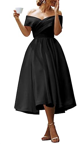 Robes de bal de fin d'année pour femmes, robe de bal en satin, robe formelle à épaules dénudées, robes de soirée, robe d'invitée de mariage avec poches, Noir , 50 Grande taille