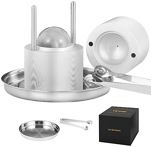 VEVOR Kit Pressa per Ghiaccio a Sfera in Alluminio Diametro 61mm, Stampo per Ghiaccio Sferico per Cocktail Whisky Cognac Bevande, Kit di Pressa per Palline di Ghiaccio da Bar Alluminio Colore Argento