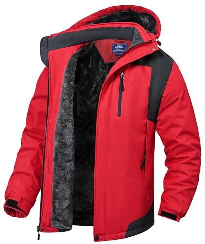 Zzkouine Imperméable Veste de Montagne Polaire Hommes Veste de Ski Chaude Multi-Poches Homme Veste de Ski Imperméable de Montagne Manteau d'hiver Extérieur en Polaire Rouge XL