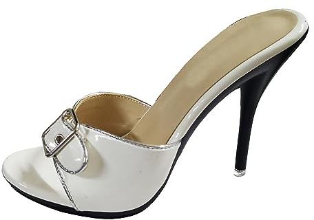 Hanfike Sandalias de tacón alto sin cordones para mujer con hebilla y espalda descubierta, Blanco (borde plateado), 37.5 EU