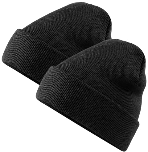KEYRI 2 Stücke Strickmütze Sportmütze Laufmütze, Slouch Elastisch Beanie für Damen Herren, Klassischer Vielseitiger Unisex Schädeldecke für Frühling Herbst Winter Geschenke für Sie Ihn (2 Schwarz)