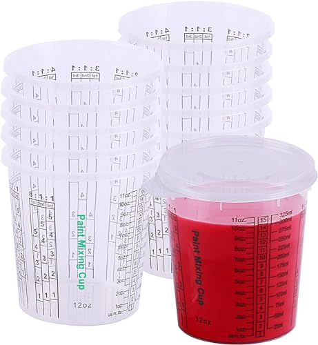 CANOPUS Profesional Vasos Mezcladores de Plastico, 360ml Vasos Medidores Pintura Resina Epoxi, Vasos de Plastico Graduados Para Proyectos de Arte, Automoción con 3 tapas (paquete de 12)