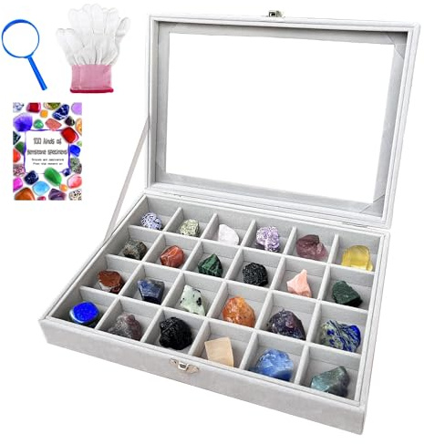 HEMYLU Rock Collection Display Case, Crystal Storage Box with 24 Grids and Gem Knowledge Handbook for Kids, Gem and Stone Collection Case for Display