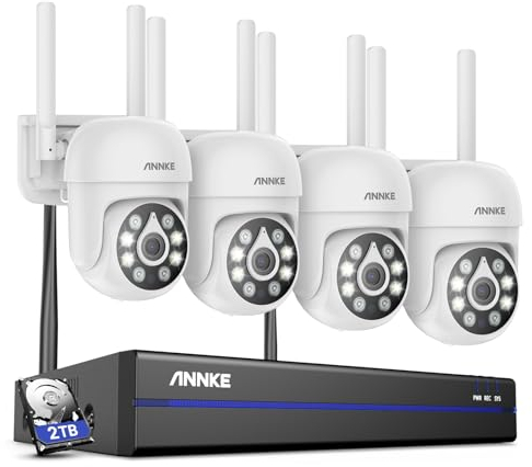 ANNKE 10CH 5MP Funk Überwachungskamera Set Aussen mit 4 X PT Überwachungskamera, Intelligente Personenerkennung, Zwei-Weg-Audio, IP67 Wasserdicht, Nachtsicht, 2TB Festplatte