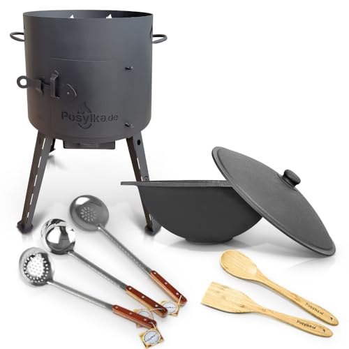 Utschak - Estufa con olla de hierro fundido, base plana, tapa de 12 l, diámetro de 40 cm, kazan, espumadera