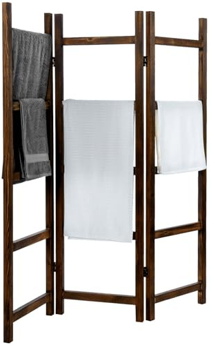 Blanket Ladder,Burnt Wood Blanket Ladder 59 H Freestanding and Folding, 6 Tier and 3 Panel Towel Rack for Bathroom, Decorative Display Ladder Shelf Quit Rack for Living Room, Brown.