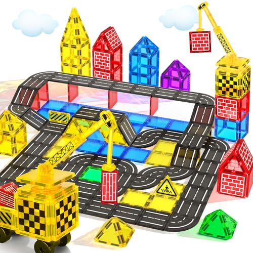 Magnetische Bausteine Kran Straße Kugelbahn Spielzeug ab 3 4 Jahre Magnet Kinder Magnetspiel Magnetic Tiles Magnetbausteine Auto Weihnachten Geburtstag Geschenk ab 2 3 4 5 6 7 8+ Jahre Jungen Mädchen