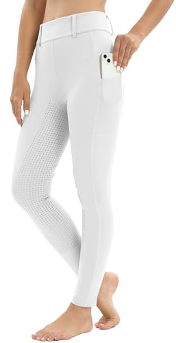 Ridleggings, dam, helsits, med mobiltelefonficka, hög midja, ridbyxor, dam, flickor, stretch med bälteslingor, Vit, 3XL