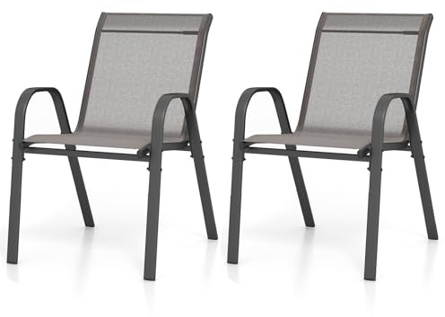 GOPLUS Lot de 2/4 Chaises de Jardin Extérieur en Métal et Textilène Respirant, Fauteuil de Jardin Empilable et Anti-dérapant avec Accoudoirs et Dossier, Idéal pour Patio, Terrasse (56x70x84cm,Gris,2)