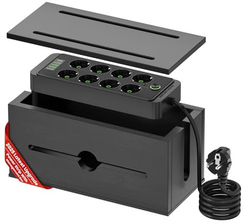 Boîte de câbles en bois avec multiprise, organiseur de station de charge avec 8 prises, 4 USB et 1 type C charge rapide, protection contre les surtensions avec rallonge de 200 cm pour bureau, maison