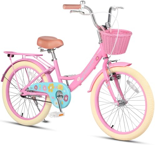 Glerc Maggie 20 Zoll Mädchenfahrrad für 7 8 9 10 11 12 13 Jahre alte Mädchen, Kinderfahrrad mit Gepäckträger & Frontkorb & Seitenständer, Rosa
