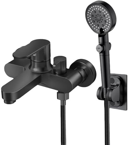 Inscrip Grifo de bañera, grifo de ducha, juego completo, montaje en pared, grifo de bañera con ducha de mano, grifo de bañera con manguera y soporte de pared, grifo de bañera con 2 tipos de chorro, G1