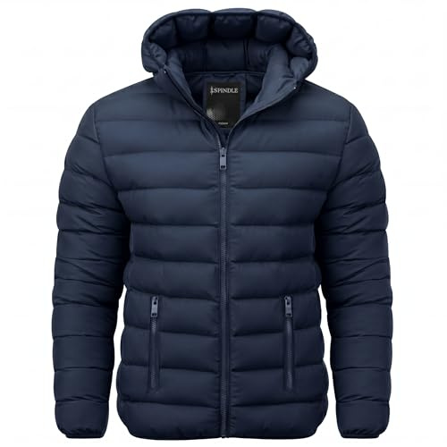 Spindle Mens Plain Black Hooded Padded Quilted Puffer Jacket Winter Coat 2 Zip PocketsSpindle Mens Plain Black Hooded Padded Quilted Puffer Jacket Winter Coat 2 Zip Pockets Navy L