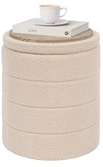 PINPLUS Round Ottoman Storage, Convertible Table, Beige, 37x37x45 cm | Padded Boucle Fabric, Folding Footstool, Space-Saving Stool, for Living Room, Bedroom, Hallway
