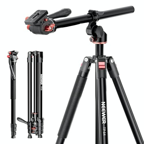 NEEWER Monopiede Treppiede Fotocamera Orizzontale Overhead con Testa Fluida e Colonna Centrale Flessibile, 90” DSLR Video Tripod da Viaggio in Metallo, Piastra QR Arca e Gambe Invertite, Max 6kg, TP64