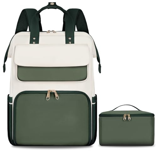 BERTASCHE Mochila de almuerzo para mujer, 15,6 pulgadas, con bolsa isotérmica, 2 en 1, mochila de trabajo para mujer/trabajo/negocios/viajes/profesores/escuela/universidad, verde-beige