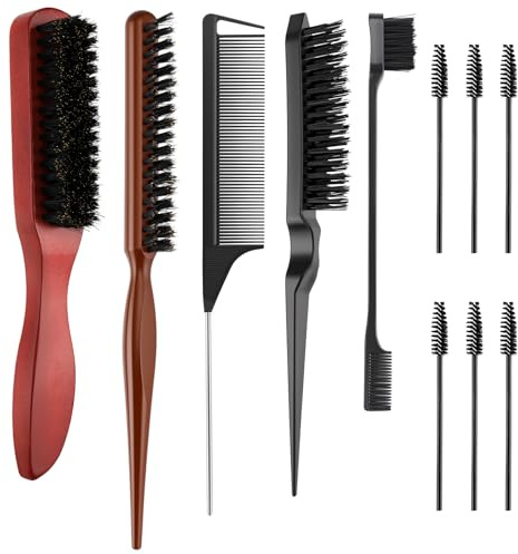 5 Piezas Kit Cerdas de Jabalí Profesional para Cabello y Barba - Incluye Herramienta para Moño, Peine y 6 Aplicadores de Rímel - Apto para Adultos y Niños