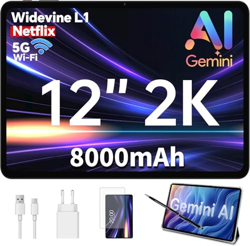 ODEA A12 Tablet 12 Pulgadas, Pantalla 2K, 2000X1200, 8000 mAh, Gemini AI, Widevine L1,12GB RAM + 128GB ROM, 13MP + 8MP, Octa-Core T7200, 5G WiFi, GPS, Android 15, Tablet con Lápiz y Funda