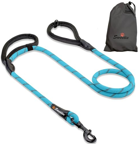 Sweetie Laisse Chien Corde Nylon 1,5 m – Double Poignée Bungee & Réfléchissante – Anti Traction Laisse pour Chien Qui Tire Fort – Petits et Grands Chiens – 10 Couleurs - Bleu