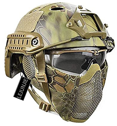 Fast Casco Rápido de Paintball PJ Airsoft, con Protección para Los Oídos Plegable, Máscara de Malla de Acero y Conjunto de Gafas